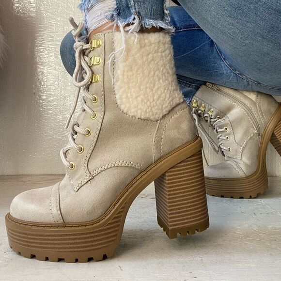 Beige Faux Fur Motorcycle Platform Booties - Picture 5 of 5